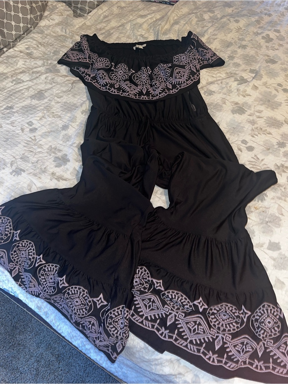 Cato Black Off-Shoulder Jumpsuit with Pink Embroidery